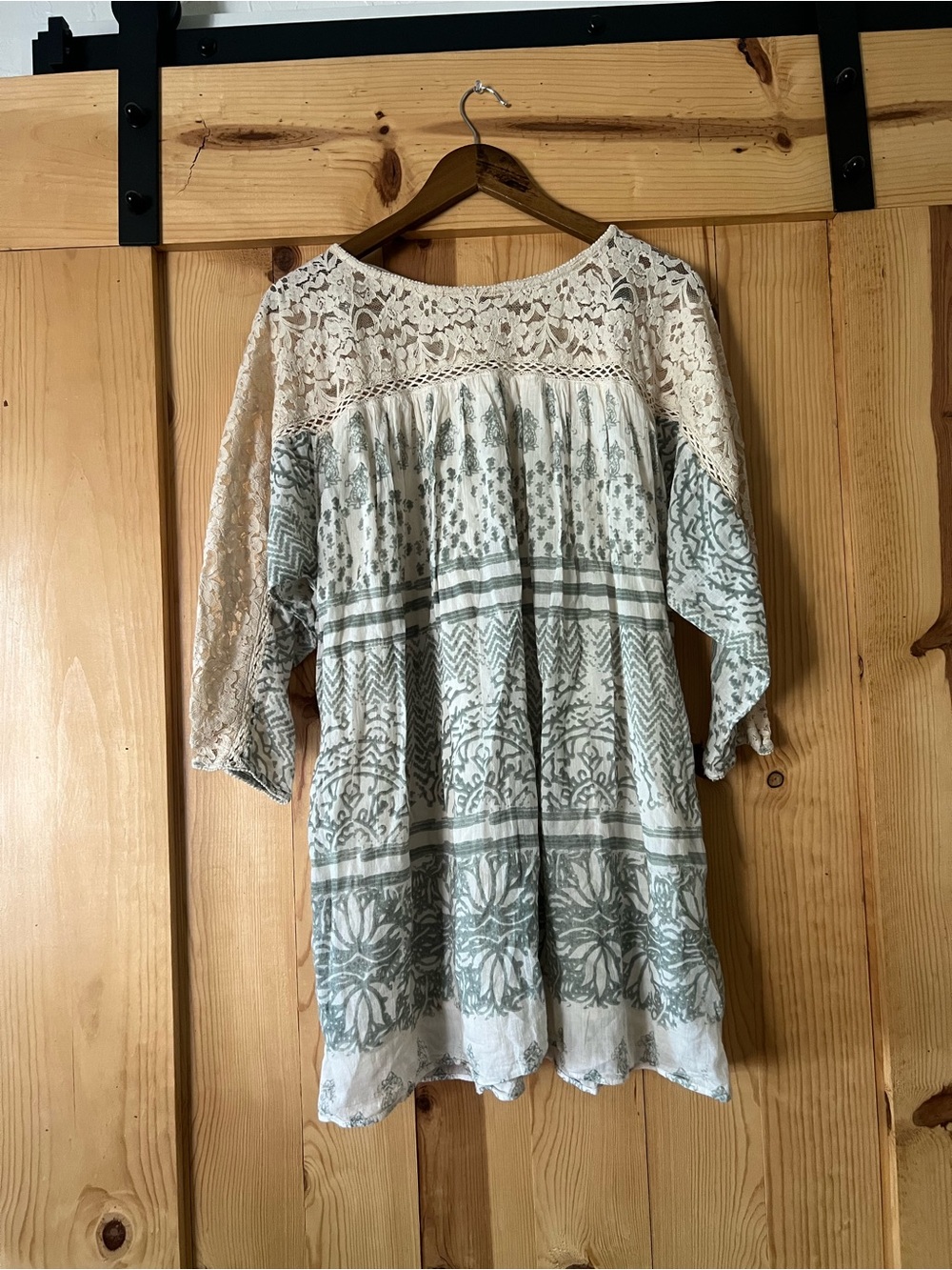 Free People Cream Lace & Sage Printed Boho Tunic
